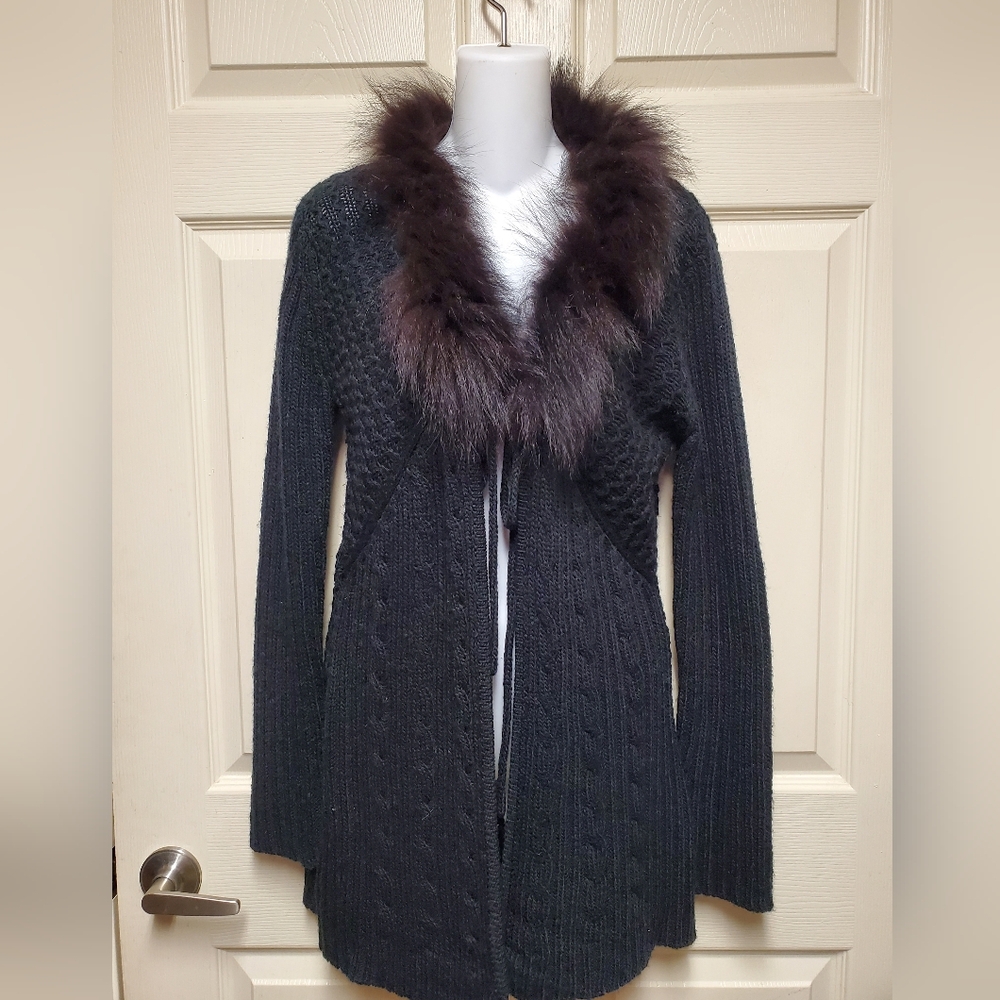 Milano Womens Black Sweater Cardigan Feaux Fur Size Small